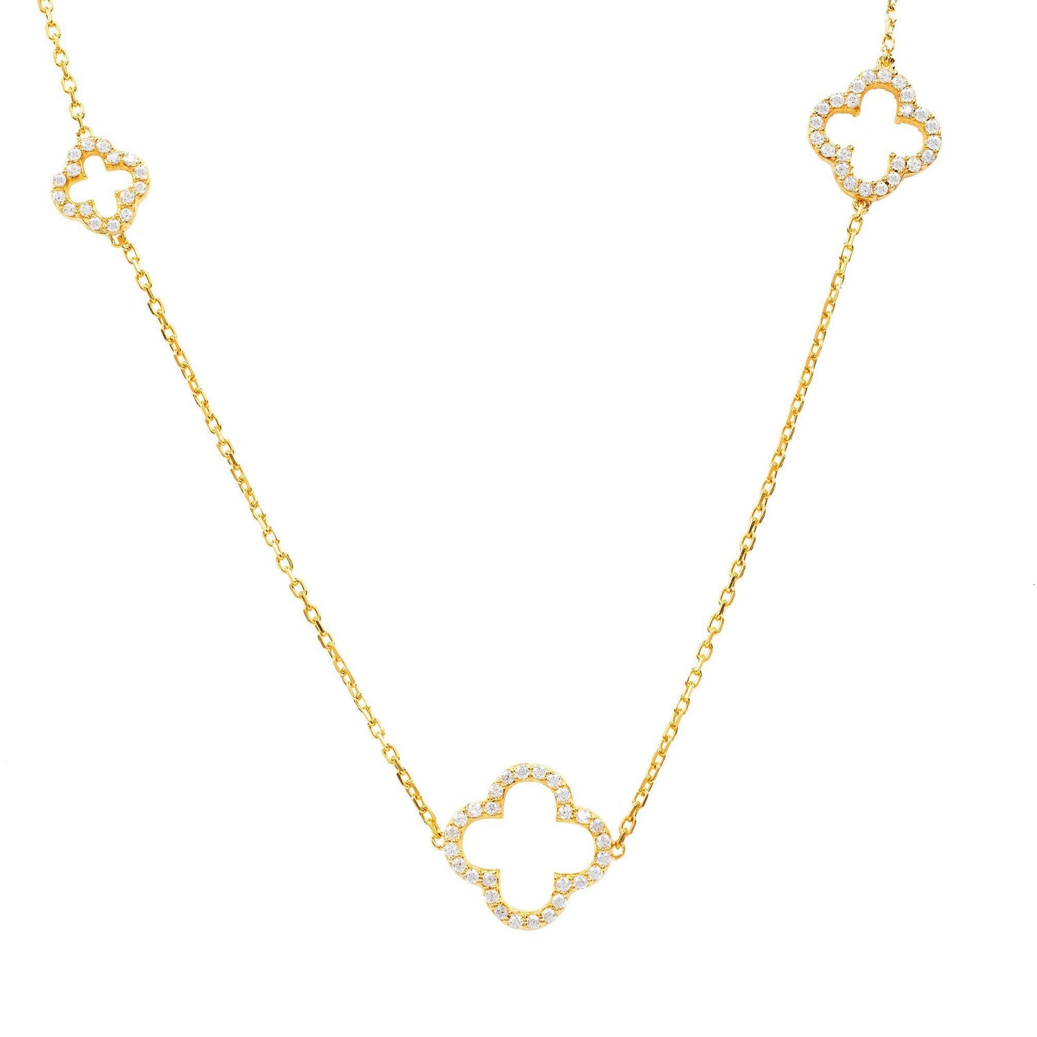 Open Clover Long White Cz Necklace Gold.