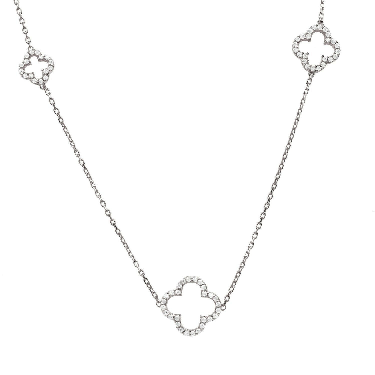 Open Clover Long White Cz Necklace Silver.