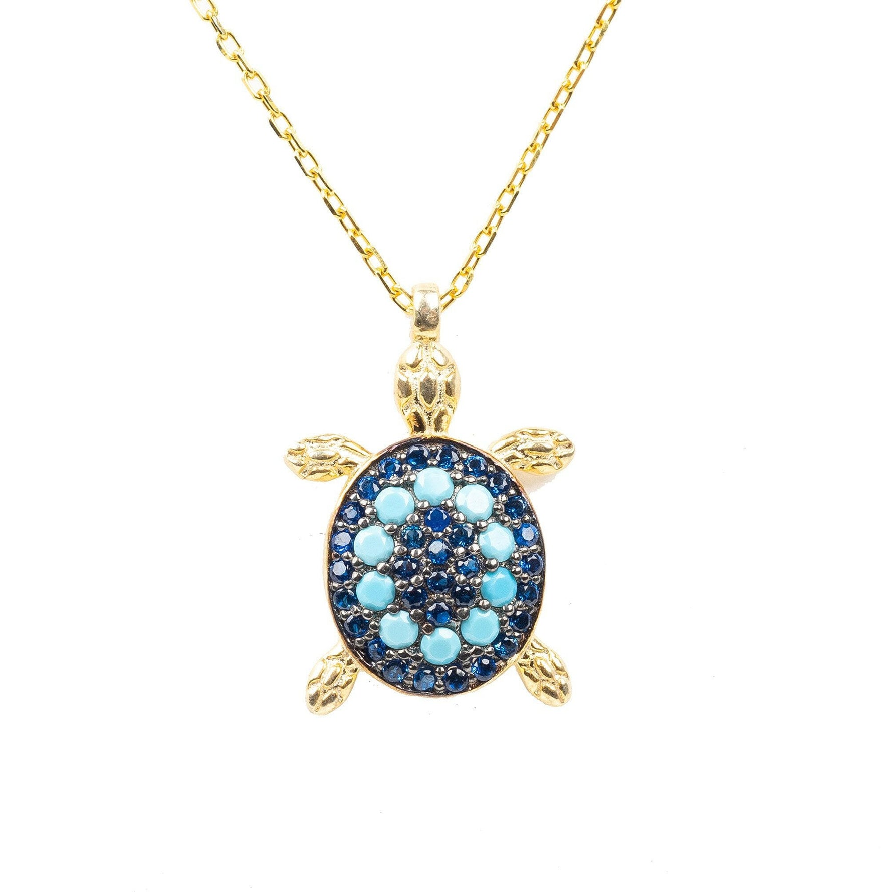 Turtle Turquoise Blue Pendant Necklace Gold.