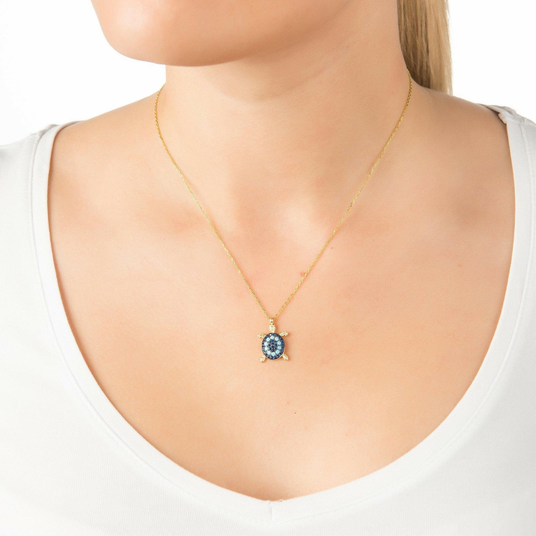 Turtle Turquoise Blue Pendant Necklace Gold.