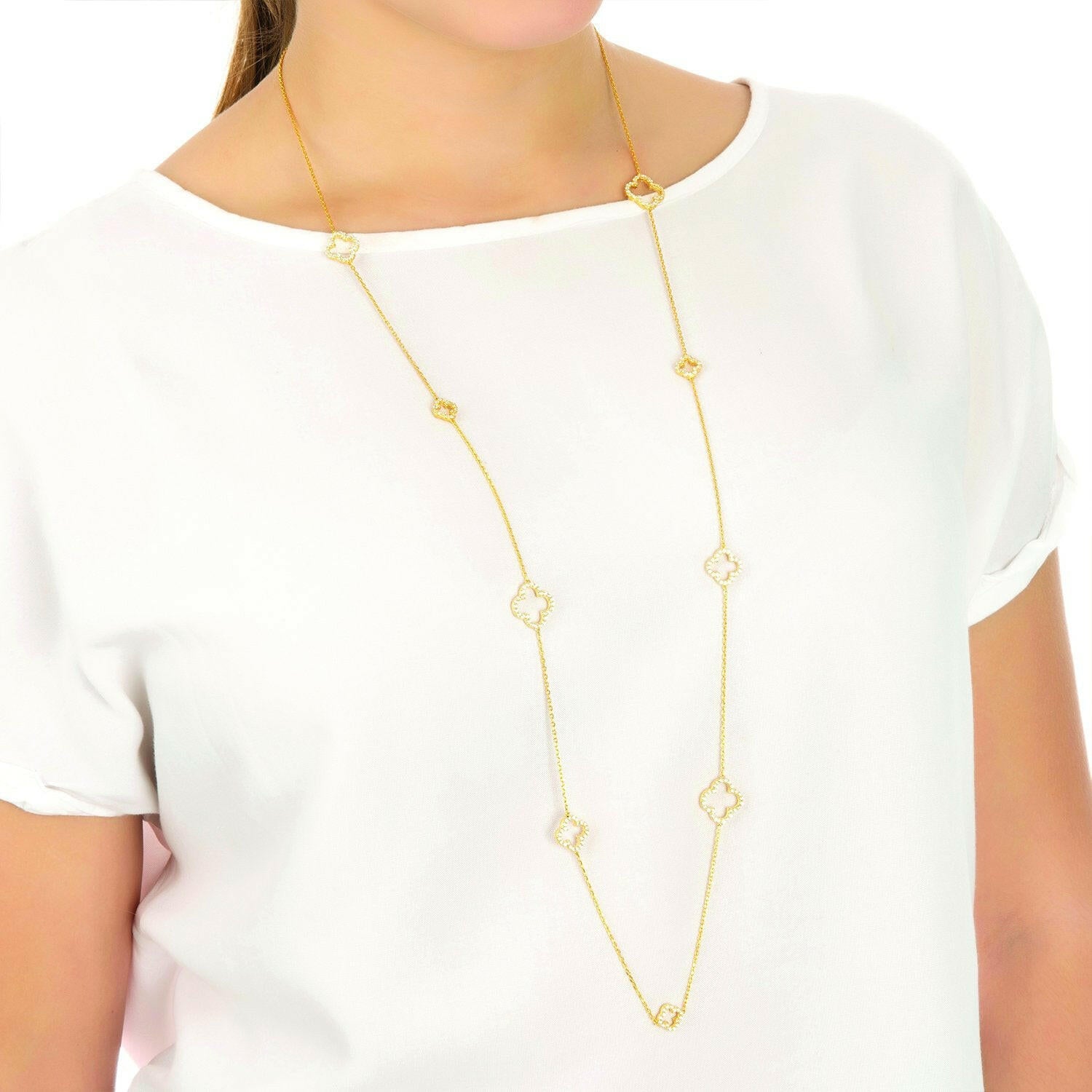 Open Clover Long White Cz Necklace Gold.