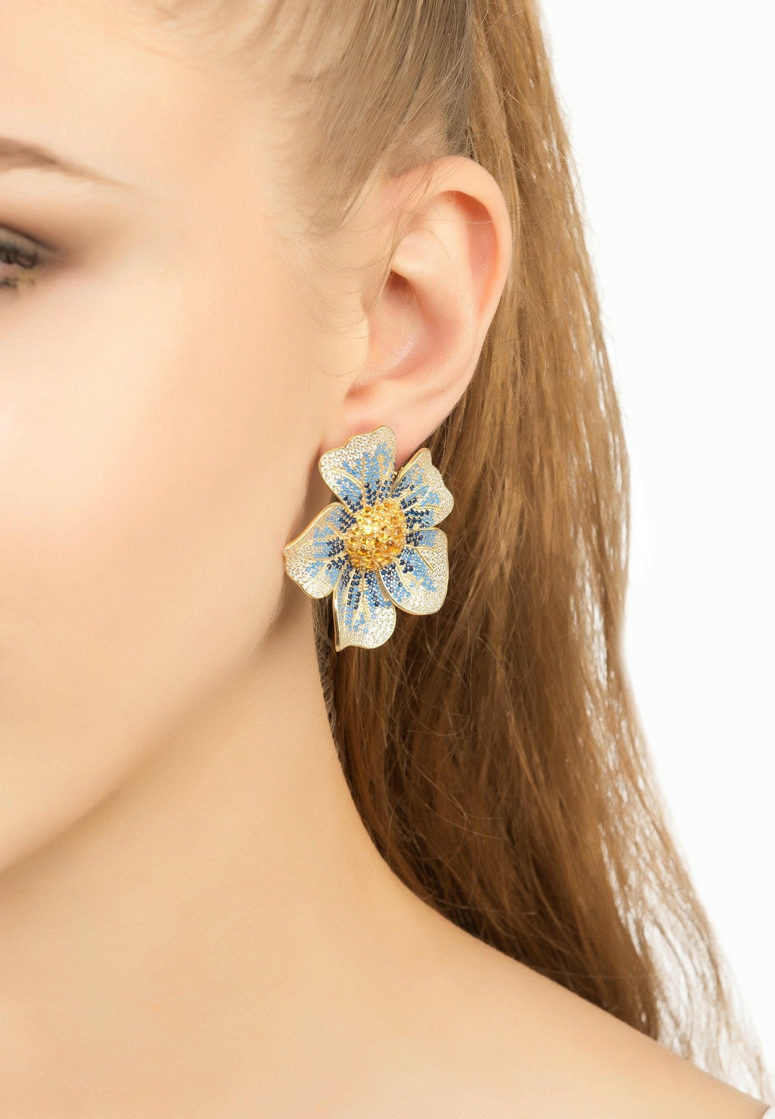 Pansy Flower Blue Earrings Gold.