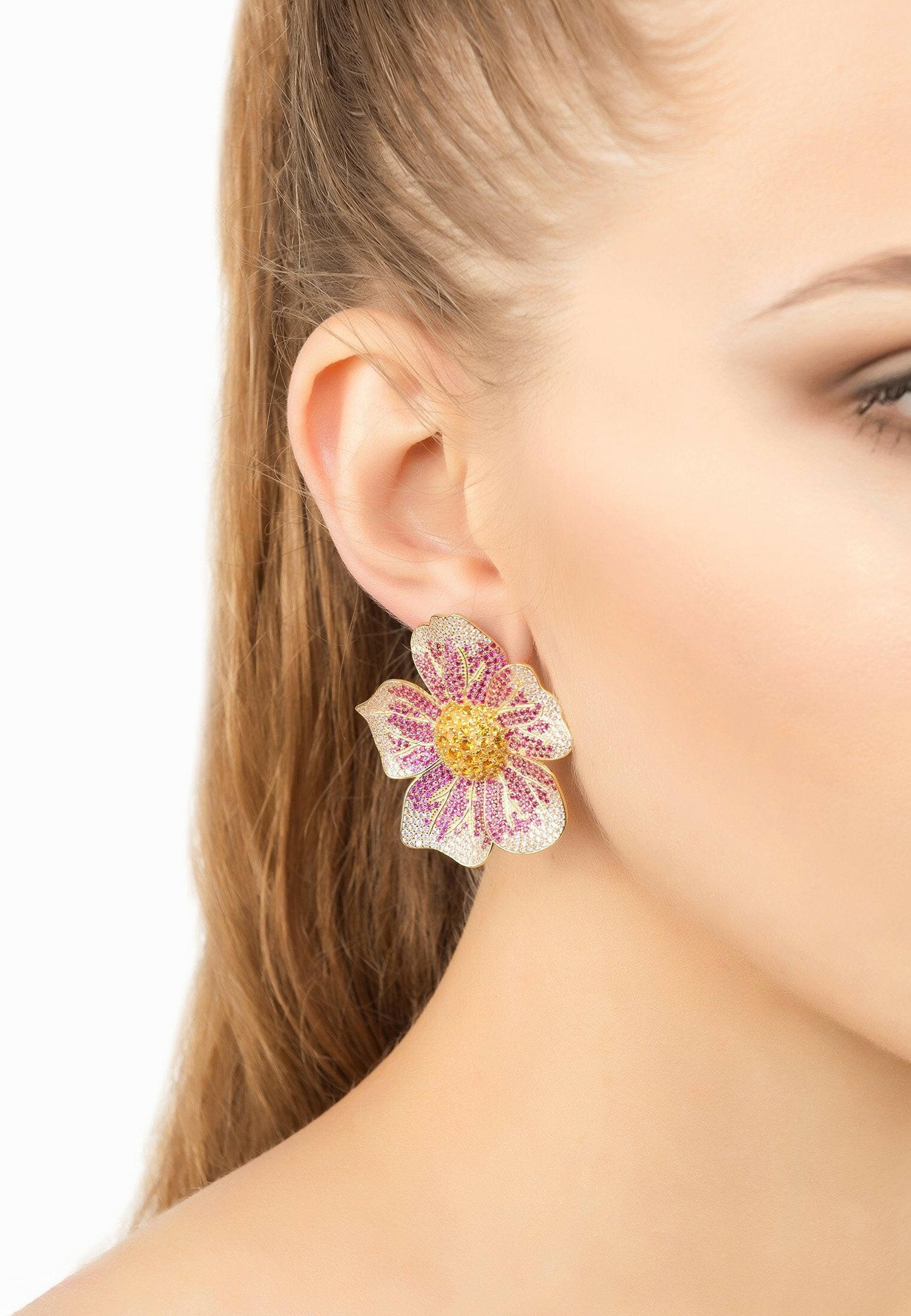 Pansy Flower Pink Earrings Gold.