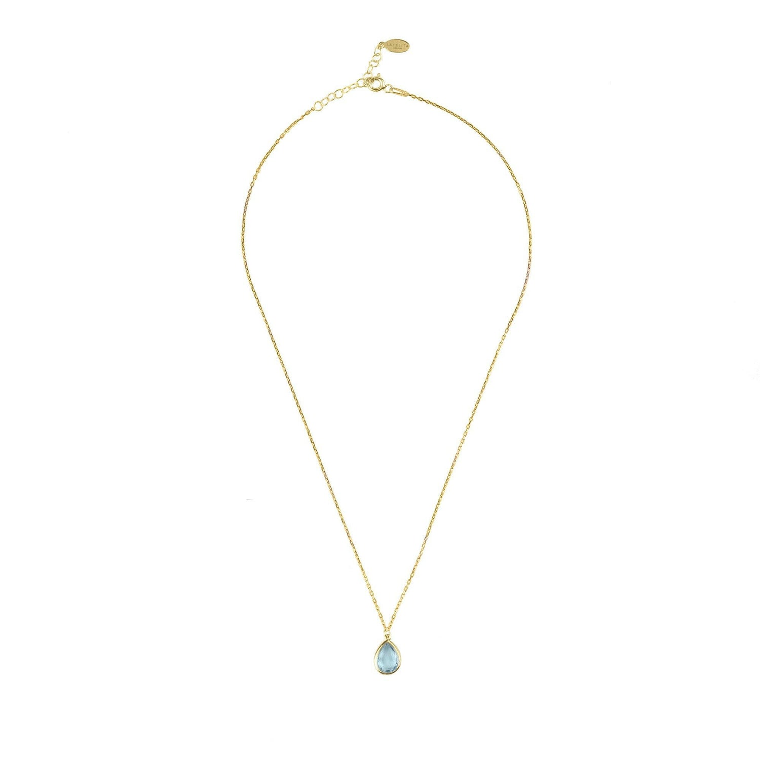 Pisa Mini Teardrop Necklace Gold Blue Topaz.