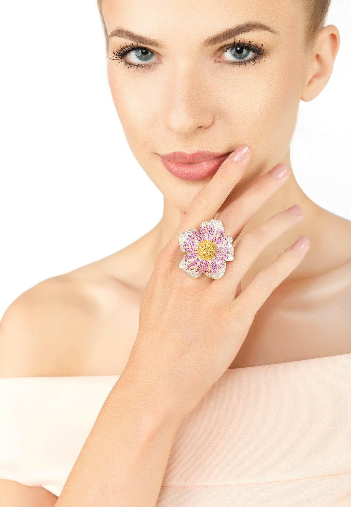 Pansy Flower Pink Ring Gold.