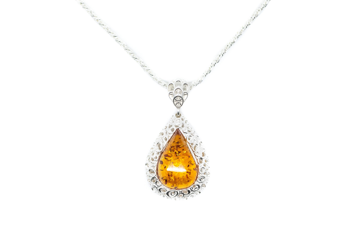 Filigree Frame Amber Teardrop Pendant