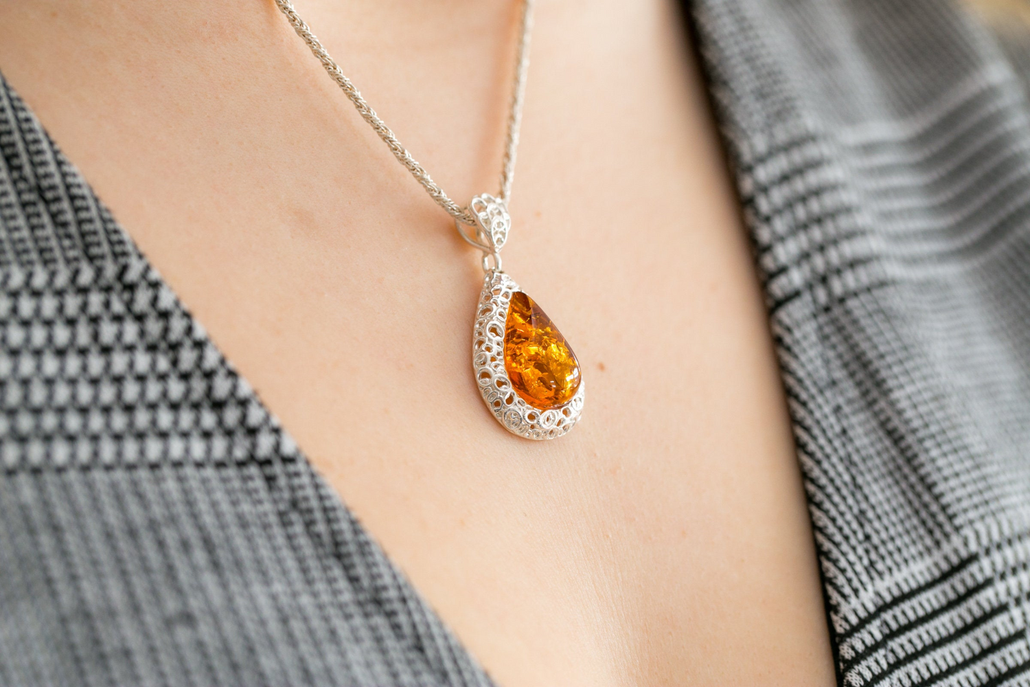 Filigree Frame Amber Teardrop Pendant