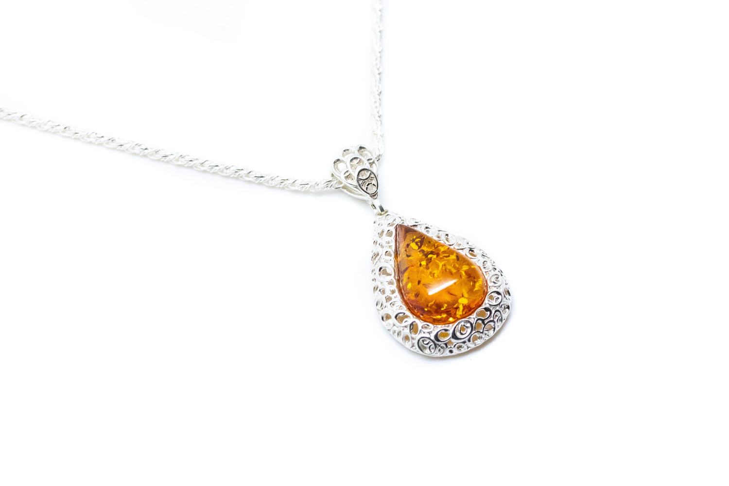 Filigree Frame Amber Teardrop Pendant