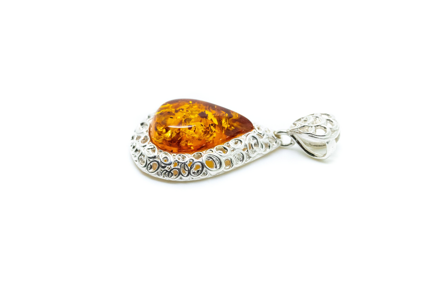 Filigree Frame Amber Teardrop Pendant