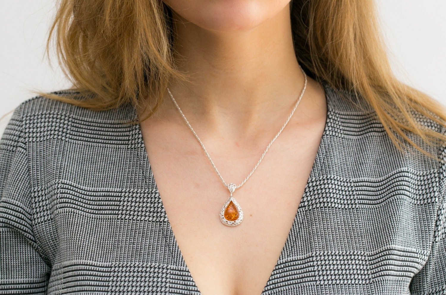 Filigree Frame Amber Teardrop Pendant