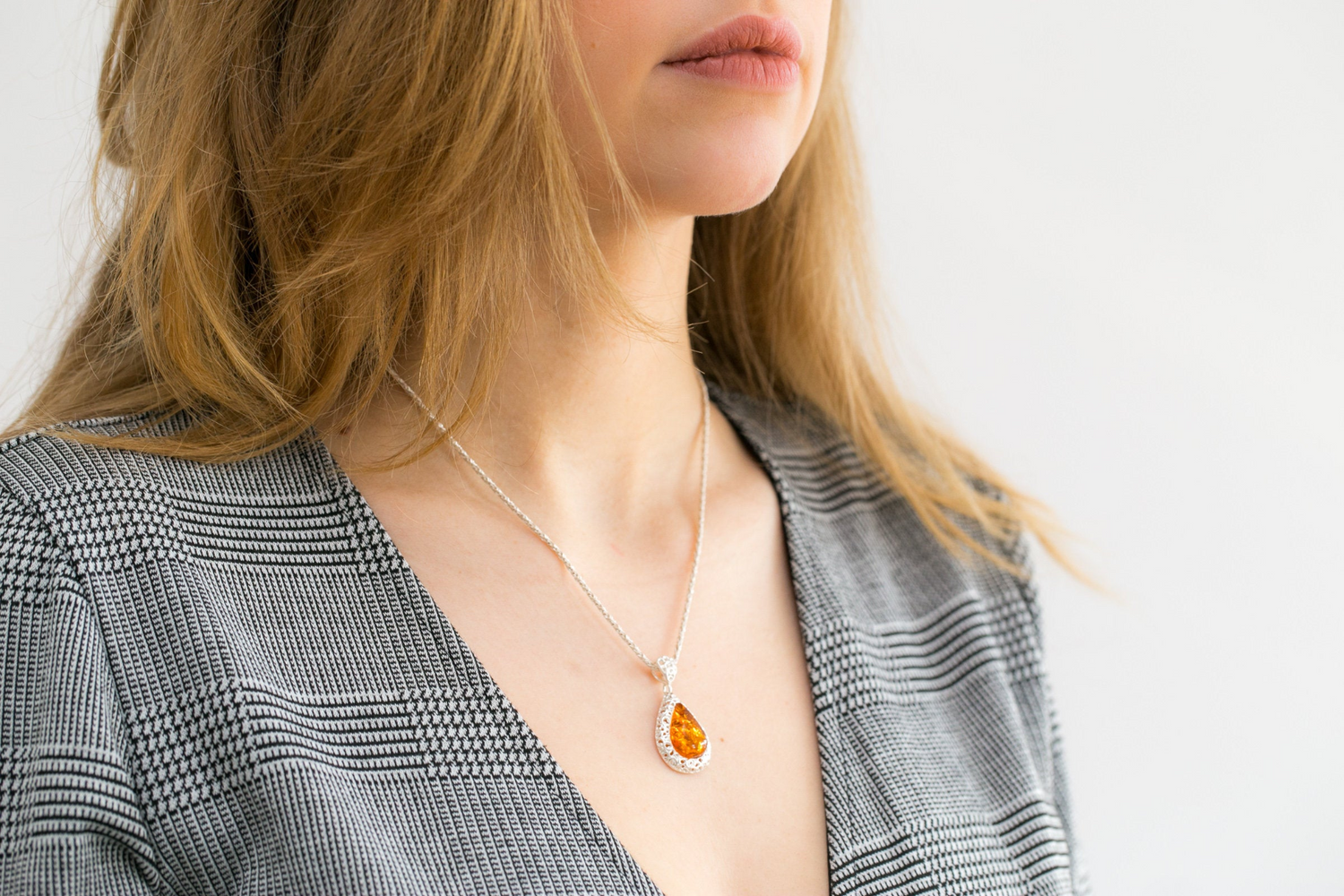 Filigree Frame Amber Teardrop Pendant