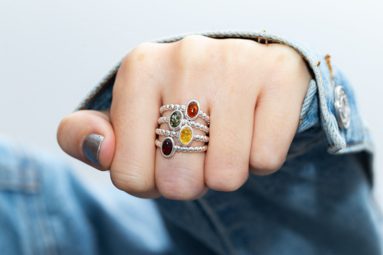 Green Amber Bubble Stacking Ring