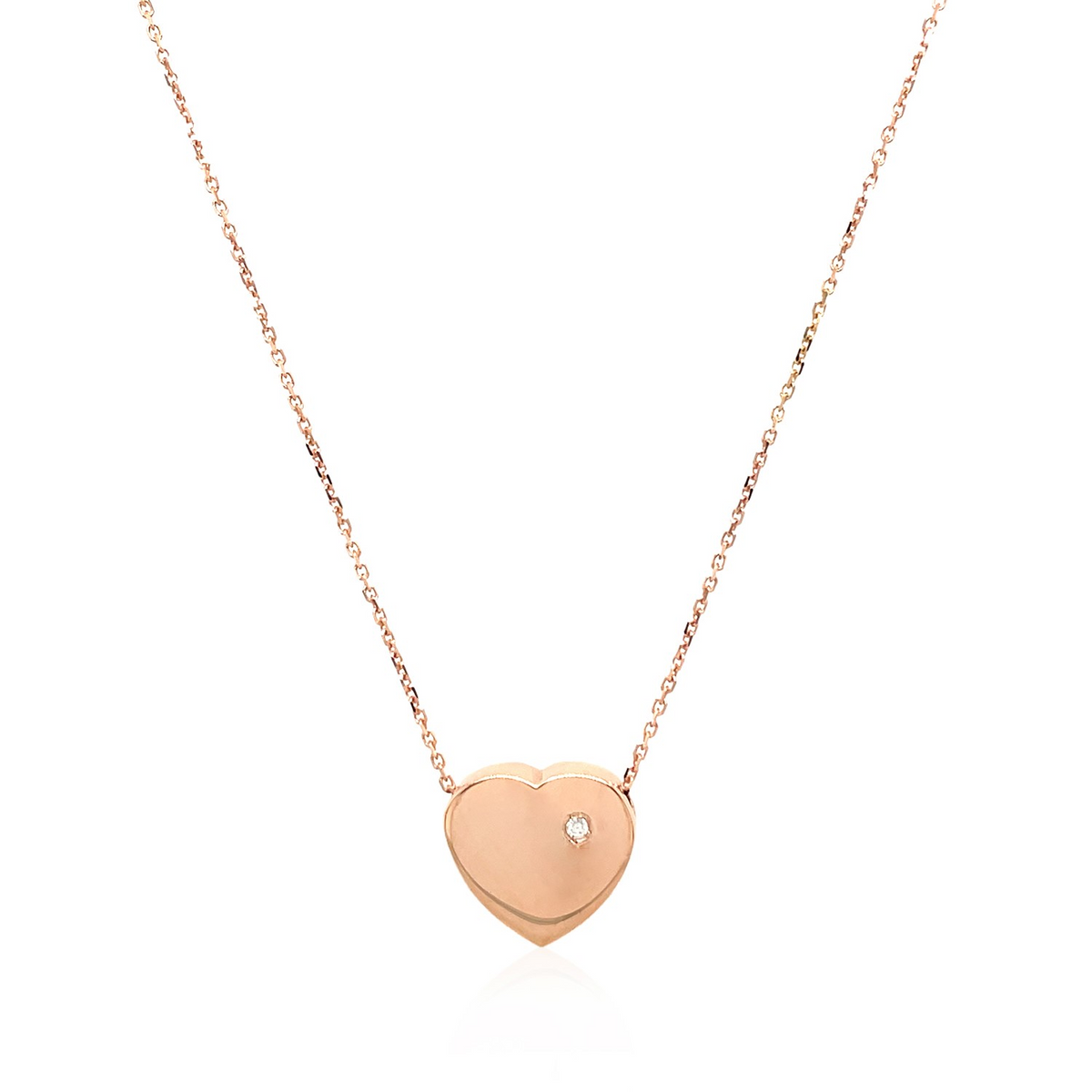 14k Rose Gold Necklace with a Diamond Embellished Flat Heart Design - Selectique 