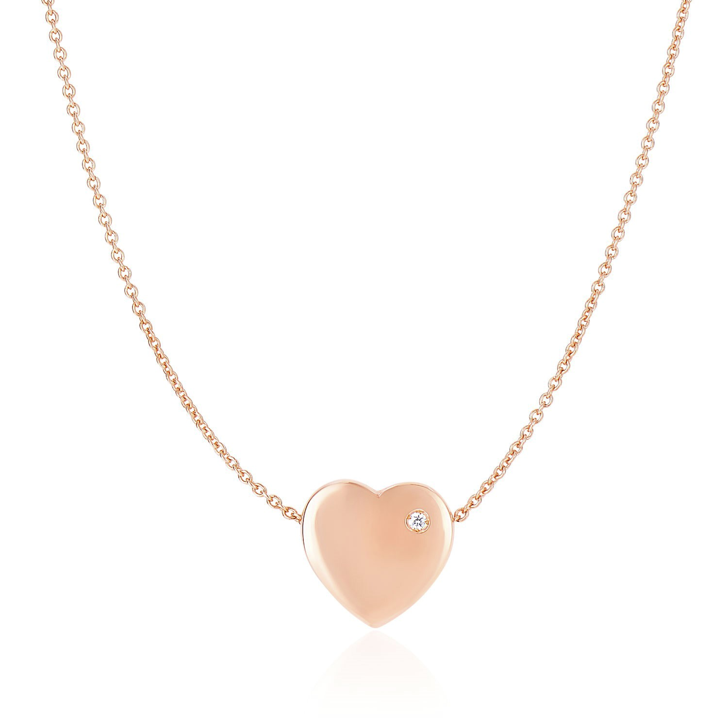 14k Rose Gold Necklace with a Diamond Embellished Flat Heart Design - Selectique 