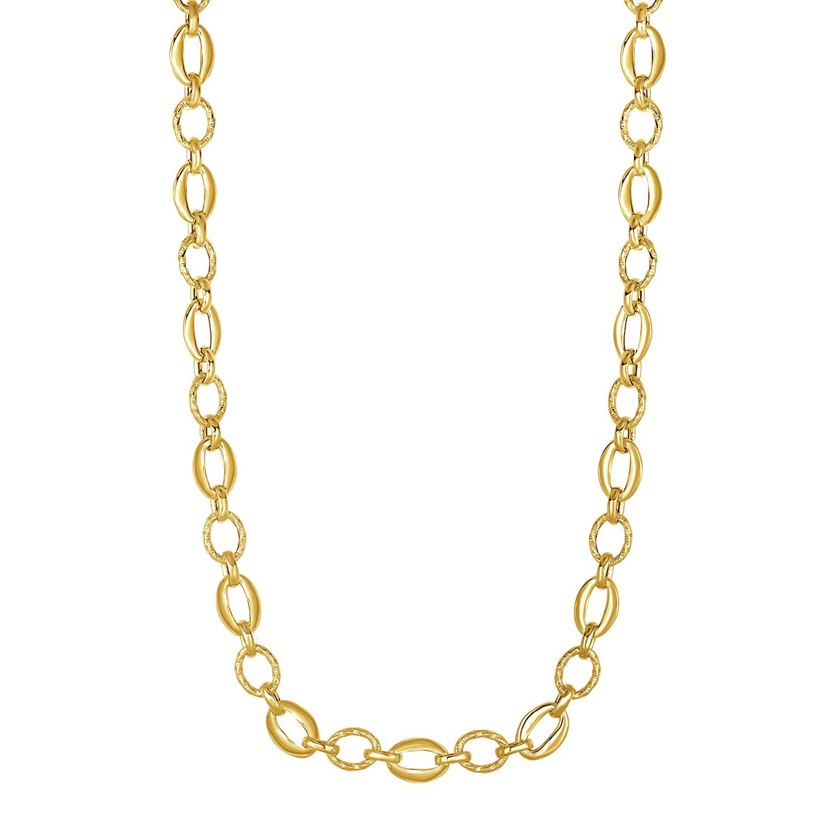 Shiny and Textured Oval Link Necklace in 14k Yellow Gold - Selectique 