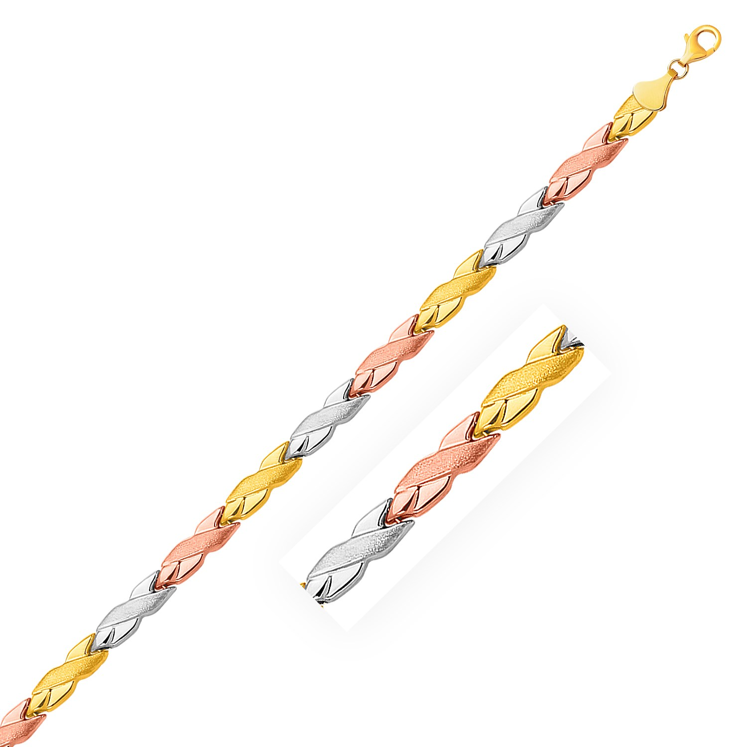 14k Tri-Color Gold Shiny and Textured X Link Bracelet - Selectique 