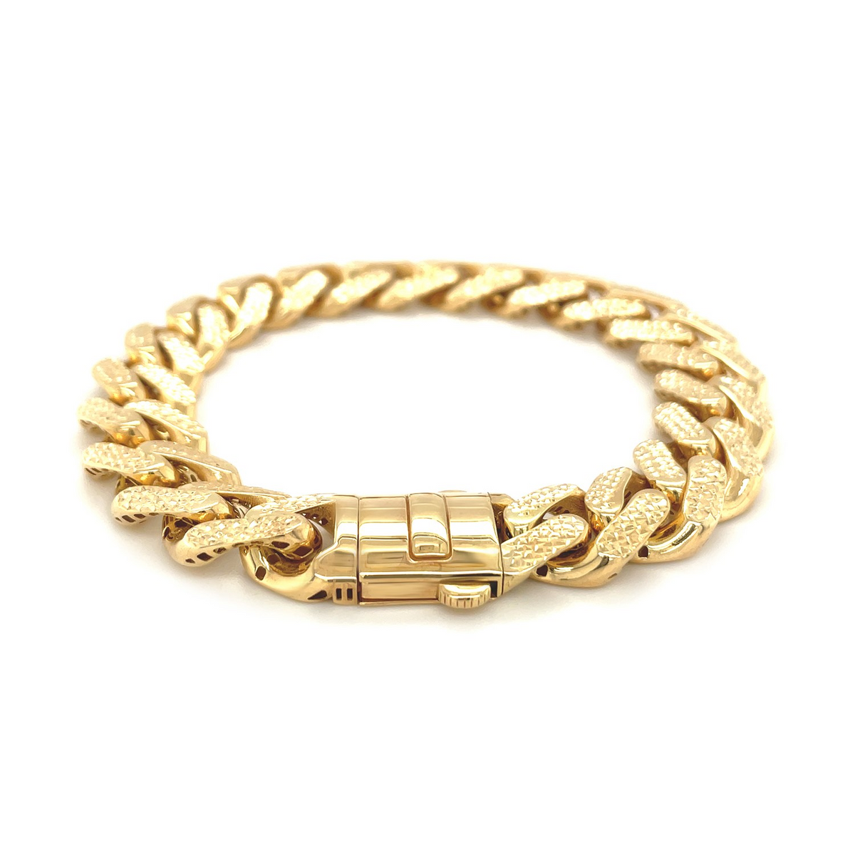 14k Yellow Gold Textured Wide Curb Chain Bracelet - Selectique 