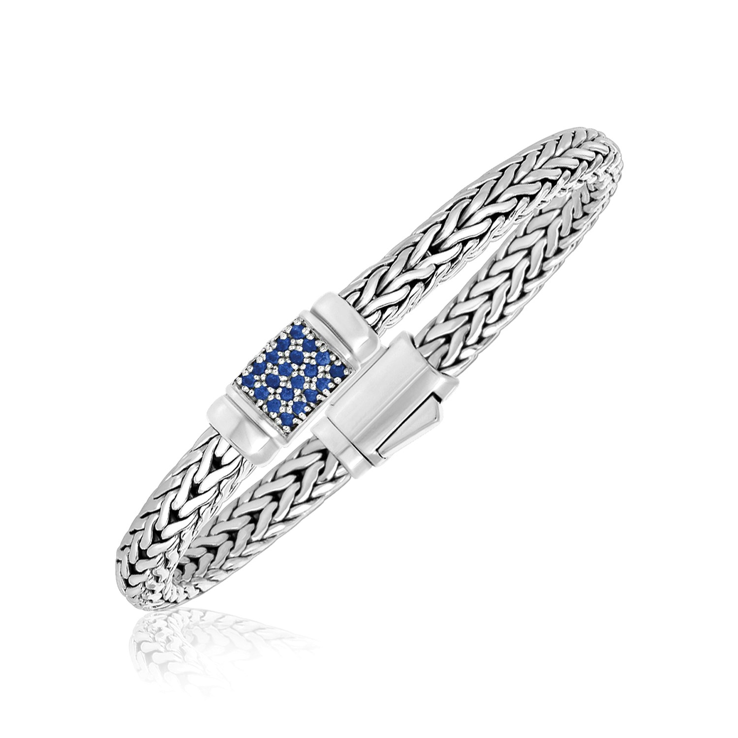 Sterling Silver Weave Motif Bracelet with Blue Sapphire Embellishments - Selectique 