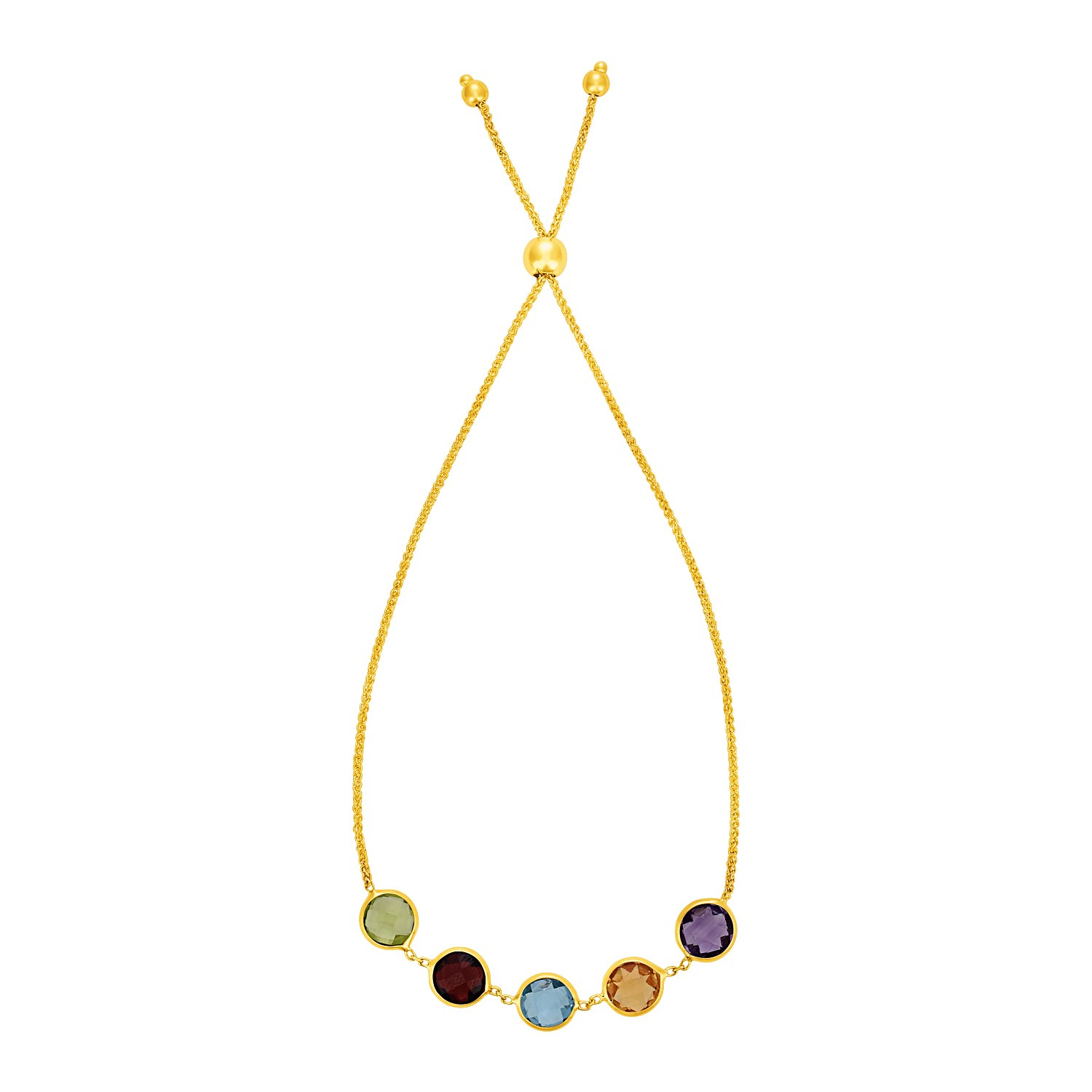 Adjustable Bracelet with Multicolored Large Round Gemstones in 14k Yellow Gold - Selectique 