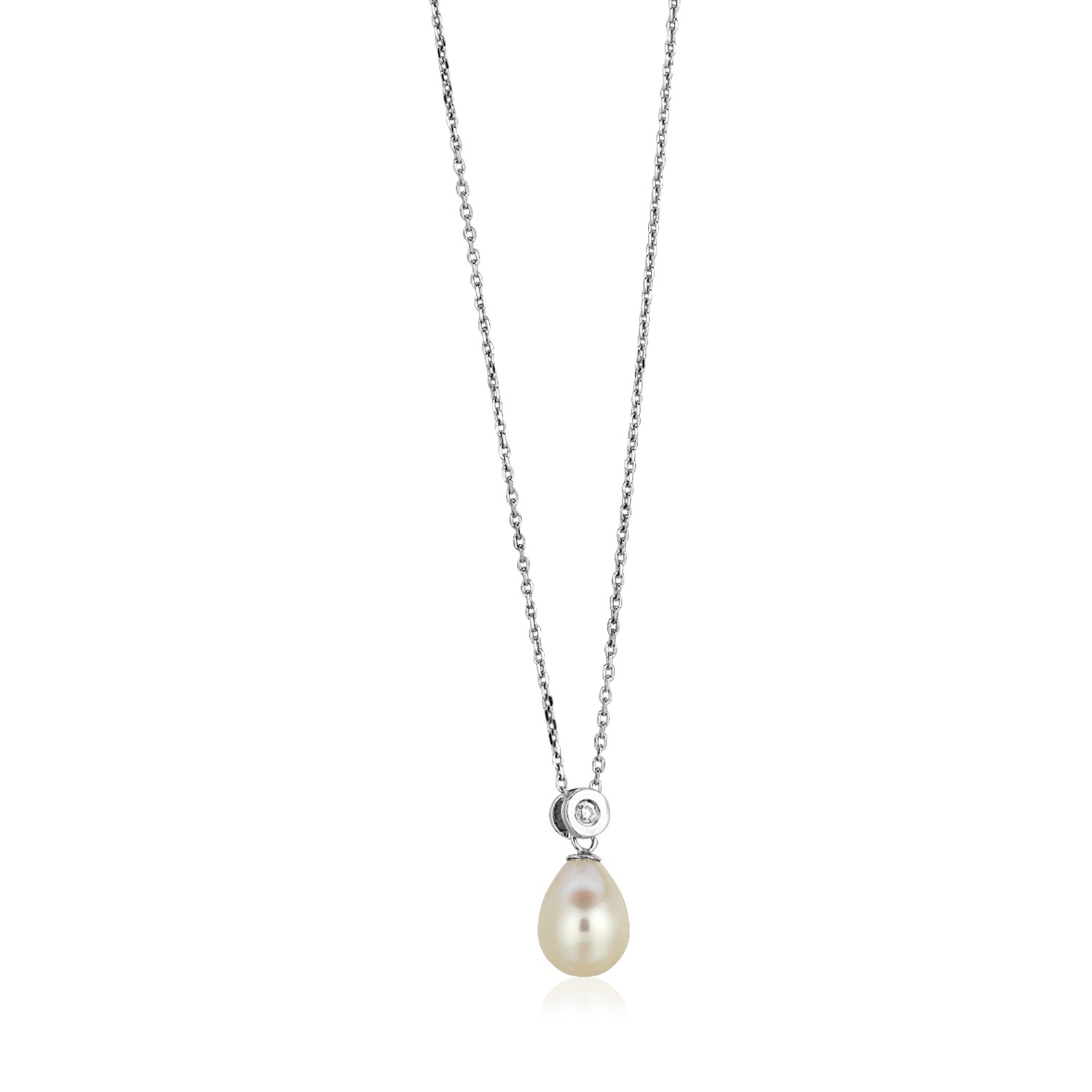 Sterling Silver Necklace with Pear Shaped Pearl and Cubic Zirconias - Selectique 