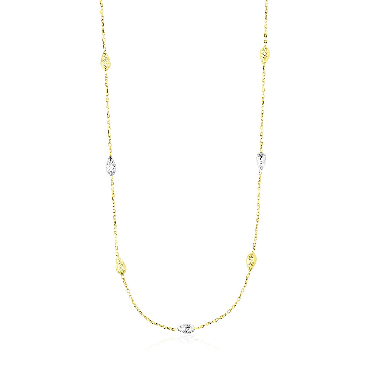 14k Two-Tone Gold Puffed Diamond Cut Teardrop Station Chain Necklace - Selectique 