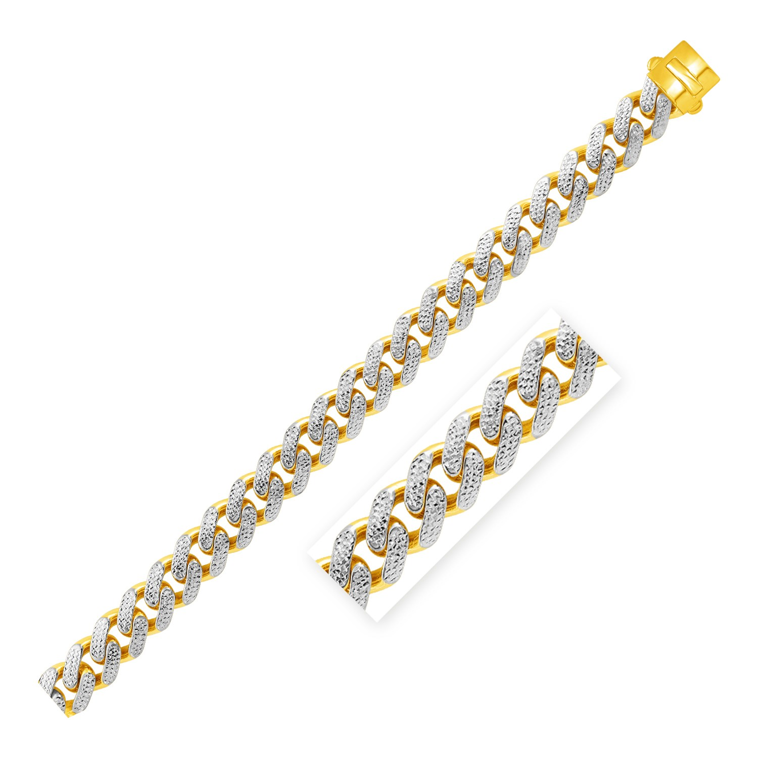 14k Two Tone Gold 8 1/2 inch Wide Curb Chain Bracelet with White Pave - Selectique 