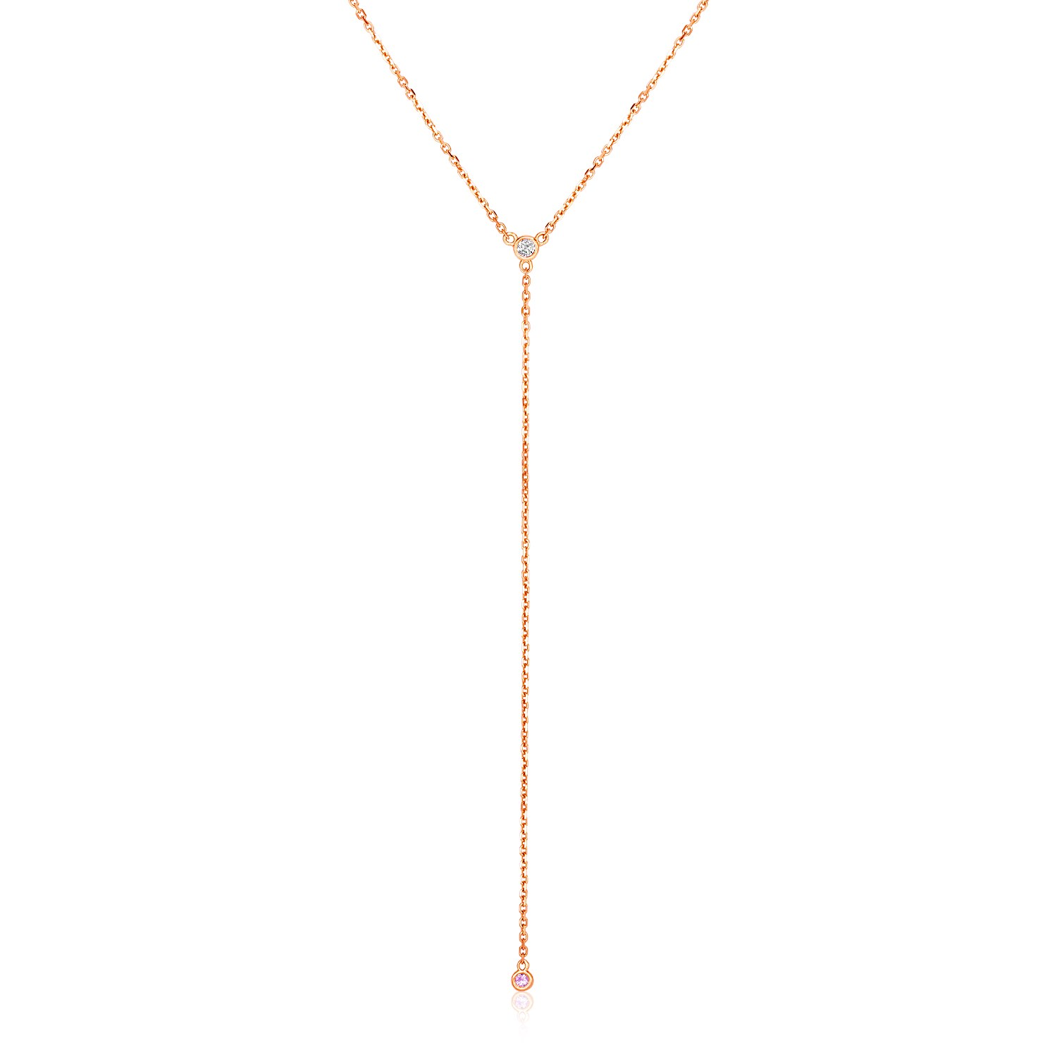 14k Rose Gold 20 inch Lariat Necklace with Diamonds - Selectique 