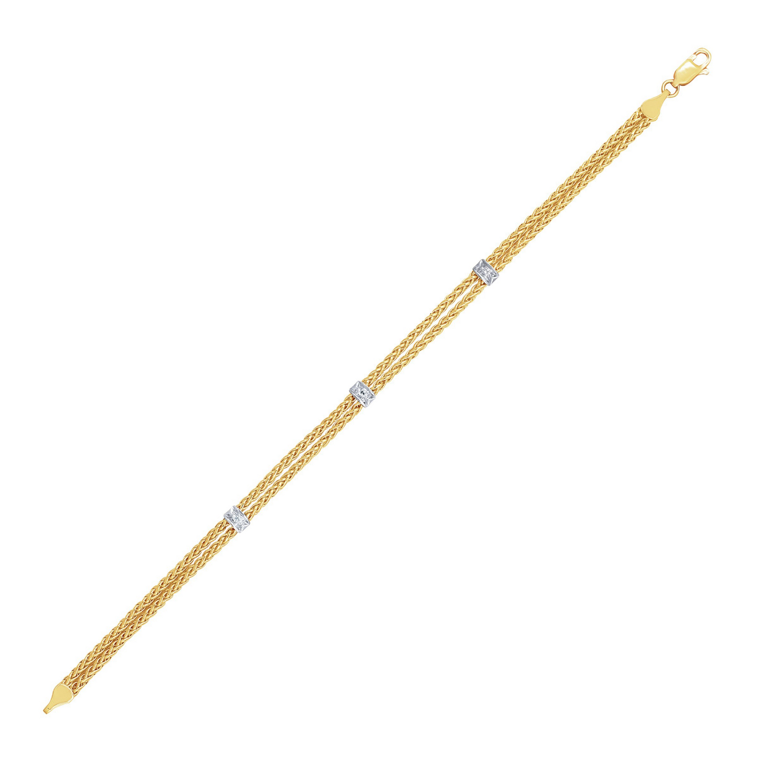 14k Two-Tone Gold Dual Wheat Chain Bracelet with Diamond Stations (.02 cttw) - Selectique 