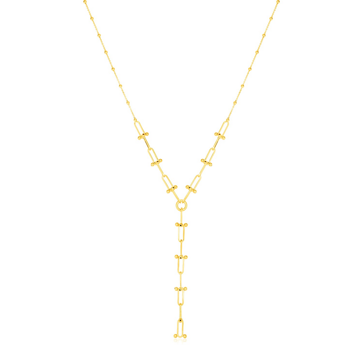 14k Yellow Gold Beaded U Link Chain Lariat Necklace - Selectique 