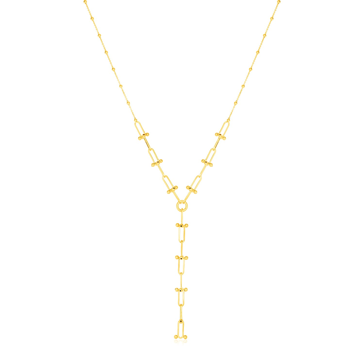 14k Yellow Gold Beaded U Link Chain Lariat Necklace - Selectique 