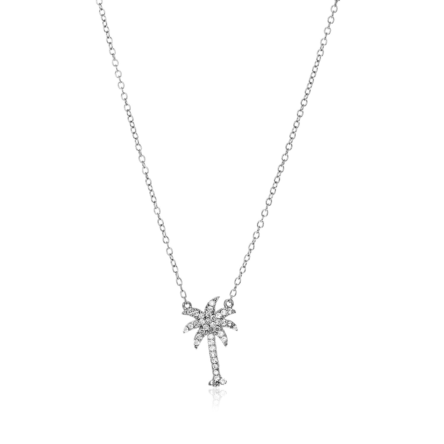 Sterling Silver Palm Tree Necklace with Cubic Zirconias - Selectique 