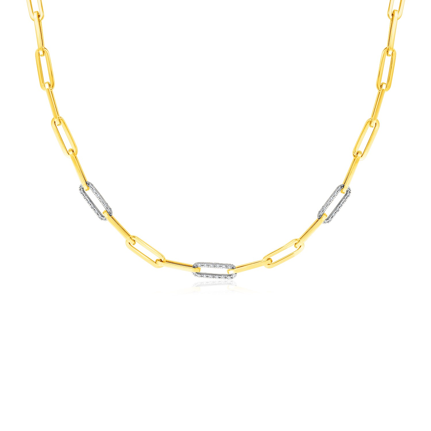 14k Yellow Gold Paperclip Chain Necklace with Three Diamond Links - Selectique 