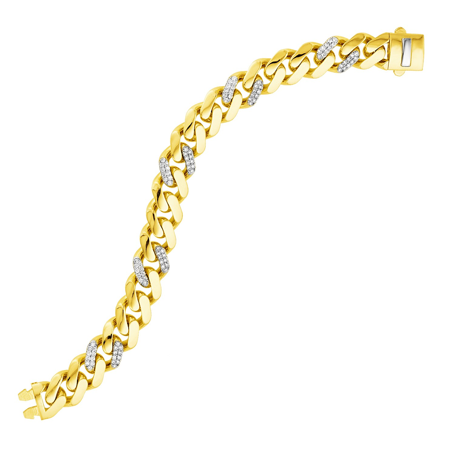 14k Yellow Gold Polished Curb Chain Bracelet with Diamond Links - Selectique 