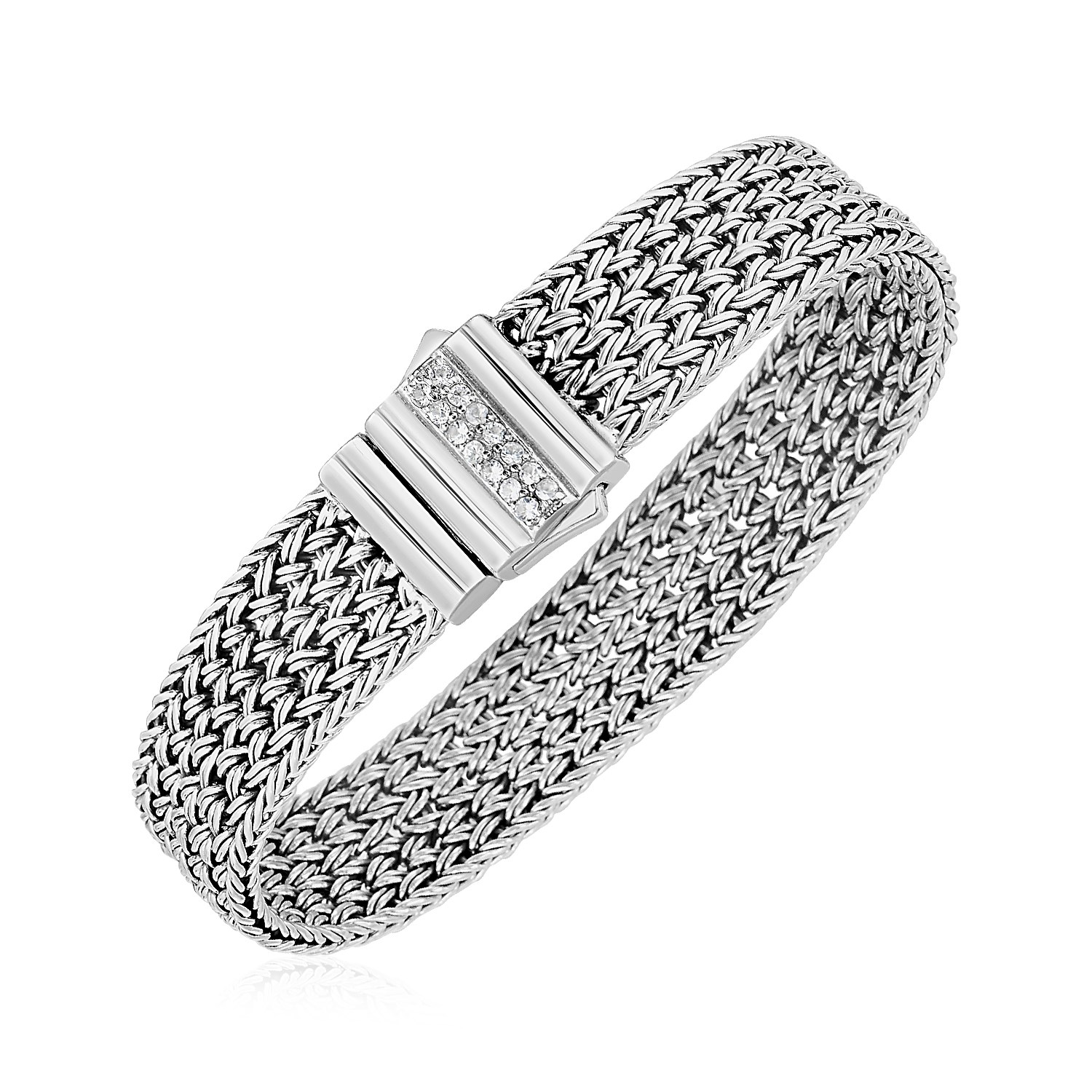 Woven Rope Bracelet with White Sapphire Accented Clasp in Sterling Silver - Selectique 