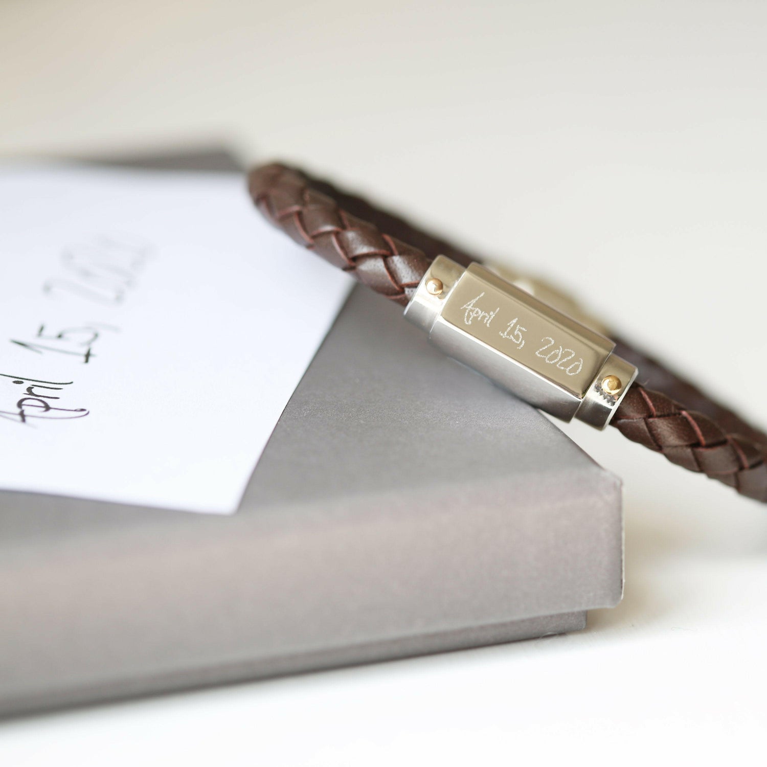 Handwriting Engraved Twisted Leather Bracelet.