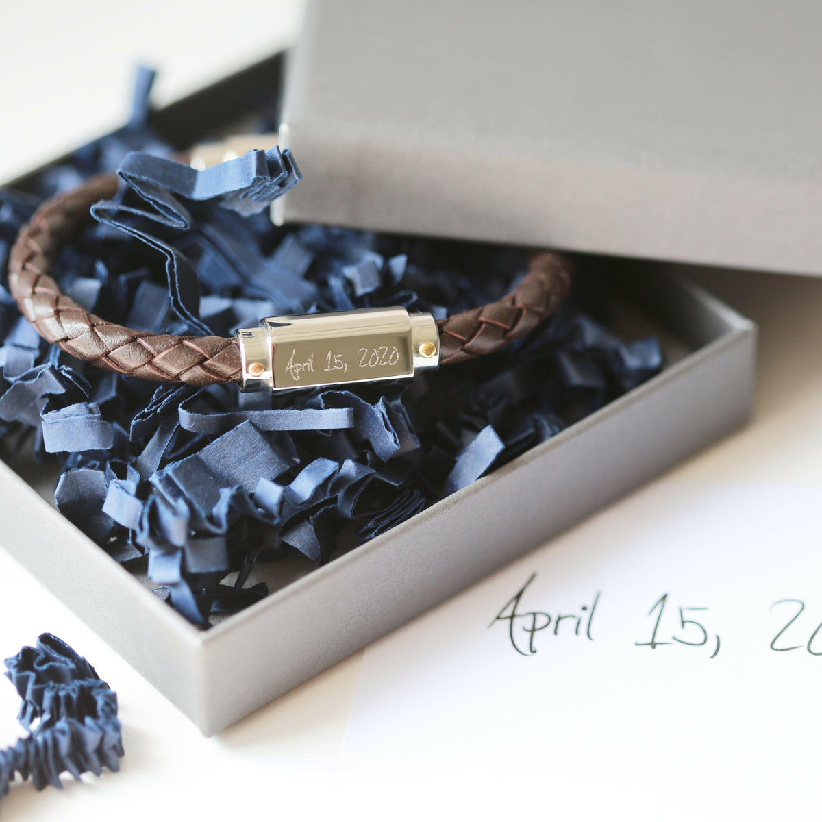 Handwriting Engraved Twisted Leather Bracelet.