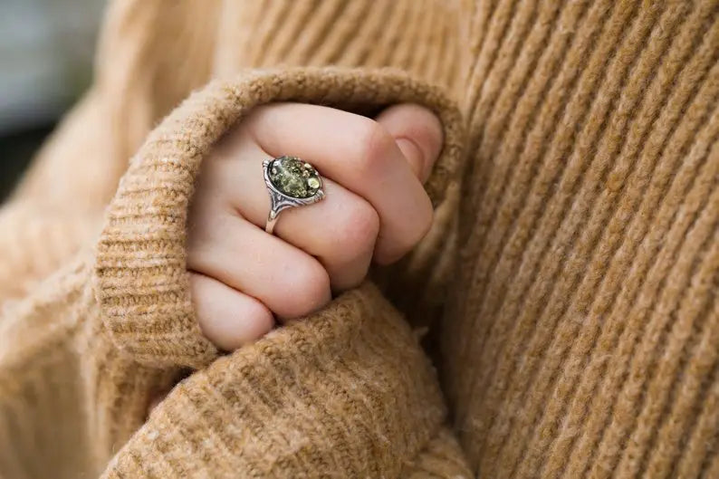 Boho Green Amber Ring