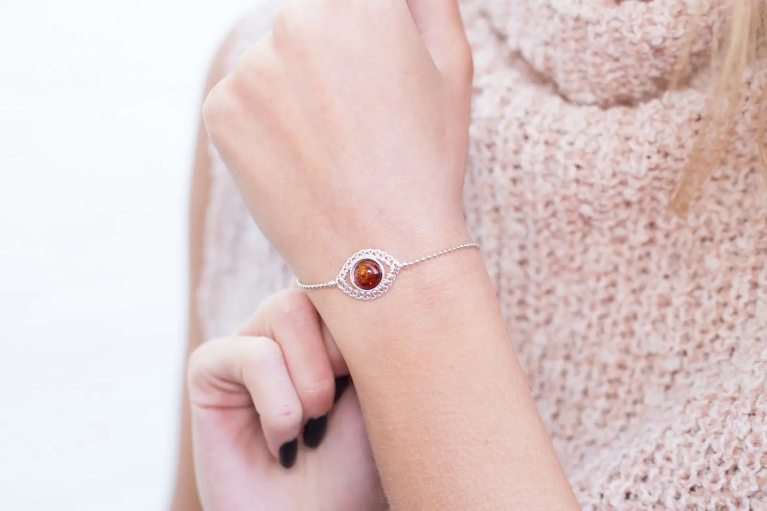 Decorative Amber & Silver Ball Bracelet