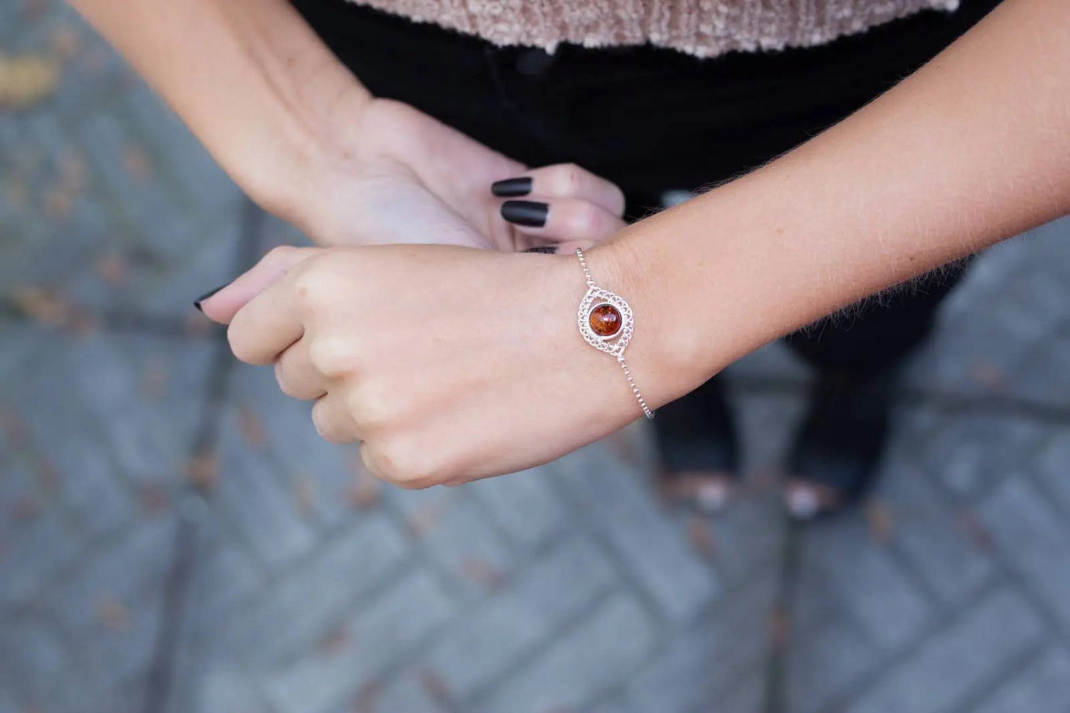 Decorative Amber & Silver Ball Bracelet