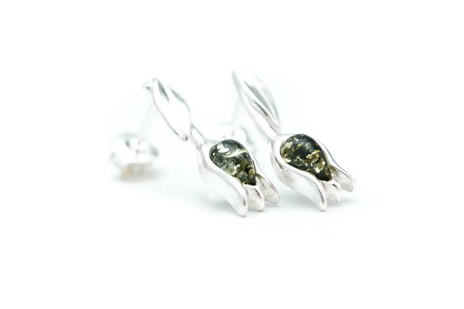 Green Amber Tulip Stud Earrings