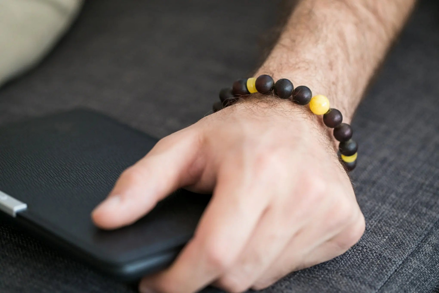 Dark Amber Bead Bracelet with Polished Yellow Accents