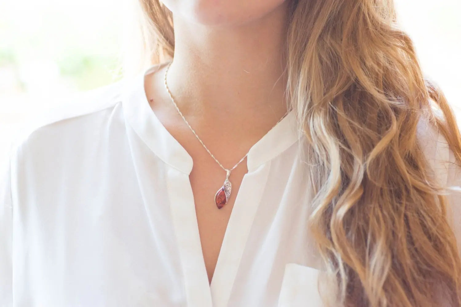 Fancy Top Amber & Silver Pendant - Selectique 