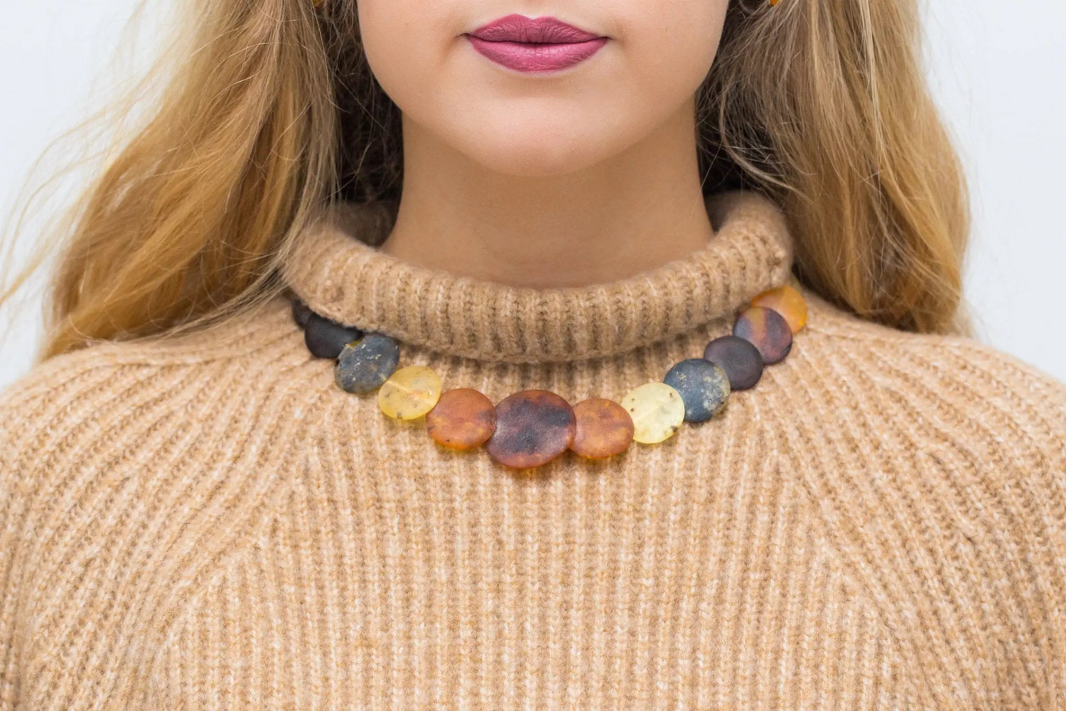 Collar grande de cuentas redondas de ámbar, collar de piedras multicolores