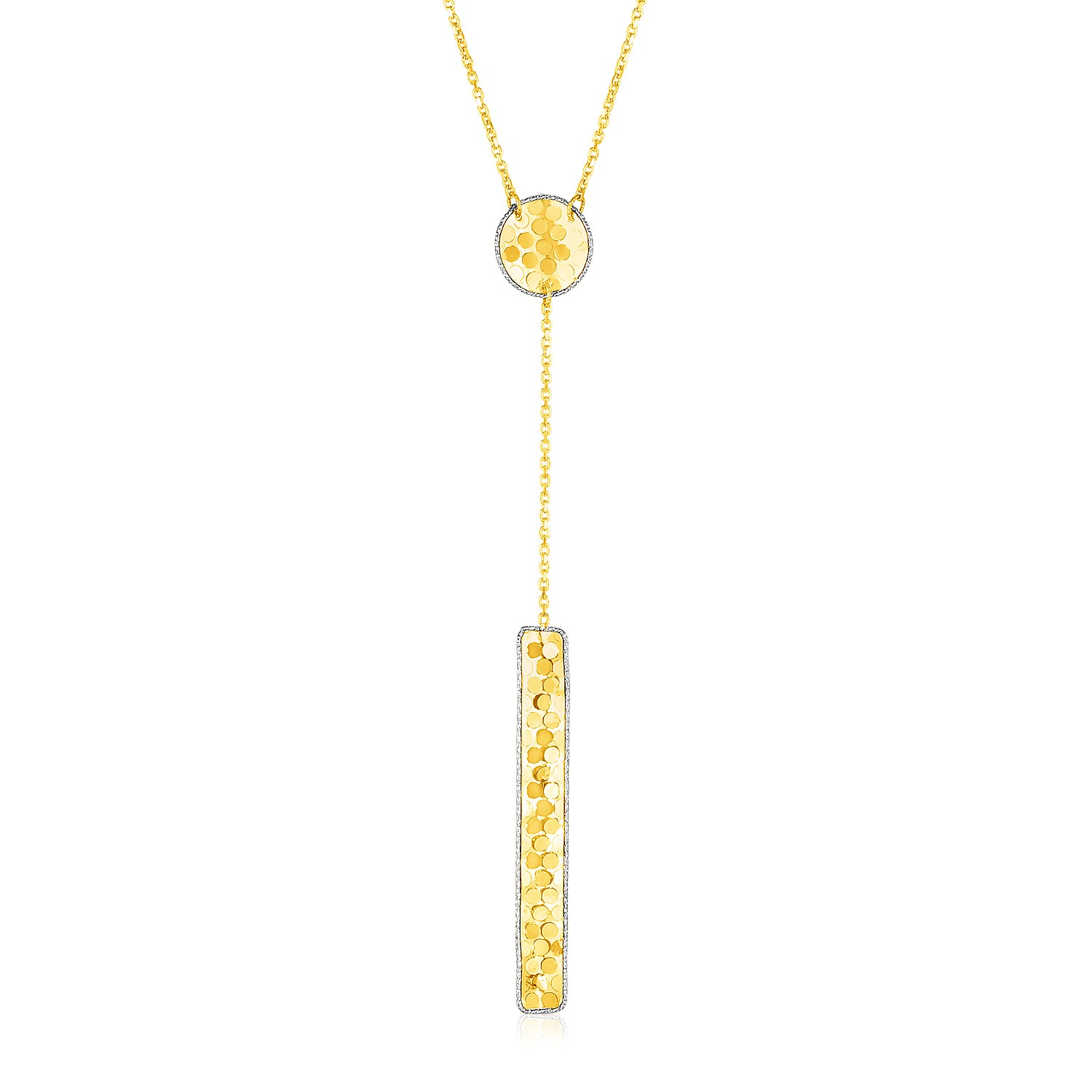 14k Two Tone Gold Lariat Necklace with Textured Circle and Bar - Selectique 