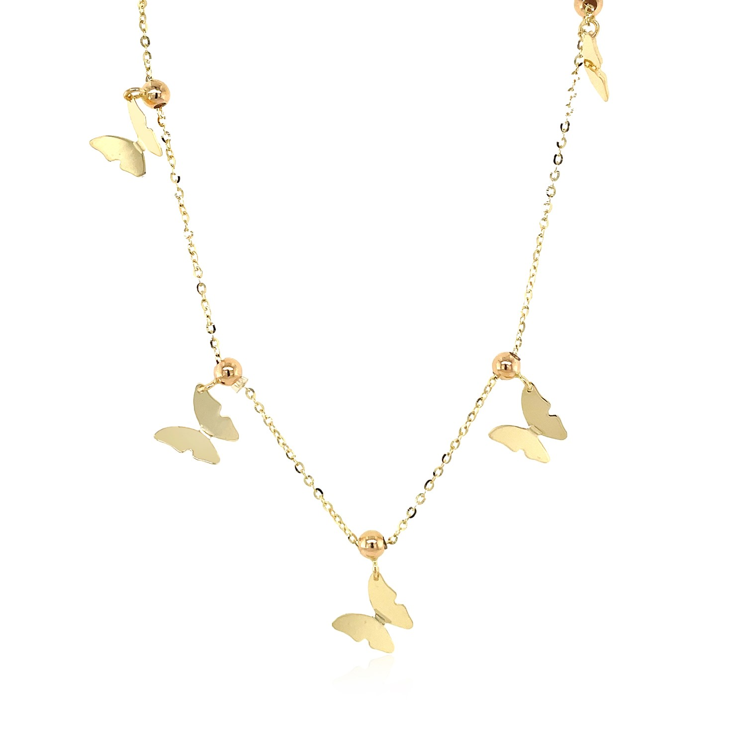 14k Yellow Gold 18 inch Necklace with Polished Butterfly Pendants - Selectique 