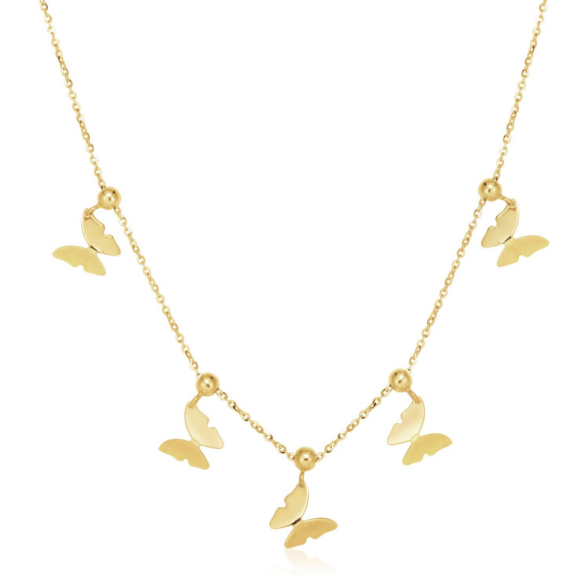 14k Yellow Gold 18 inch Necklace with Polished Butterfly Pendants - Selectique 