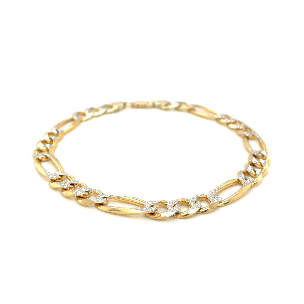 7.0mm 14K Yellow Two Tone Solid Pave Figaro Bracelet - Selectique 