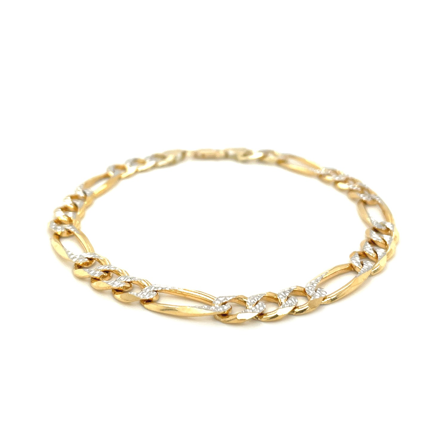 7.0mm 14K Yellow Two Tone Solid Pave Figaro Bracelet - Selectique 