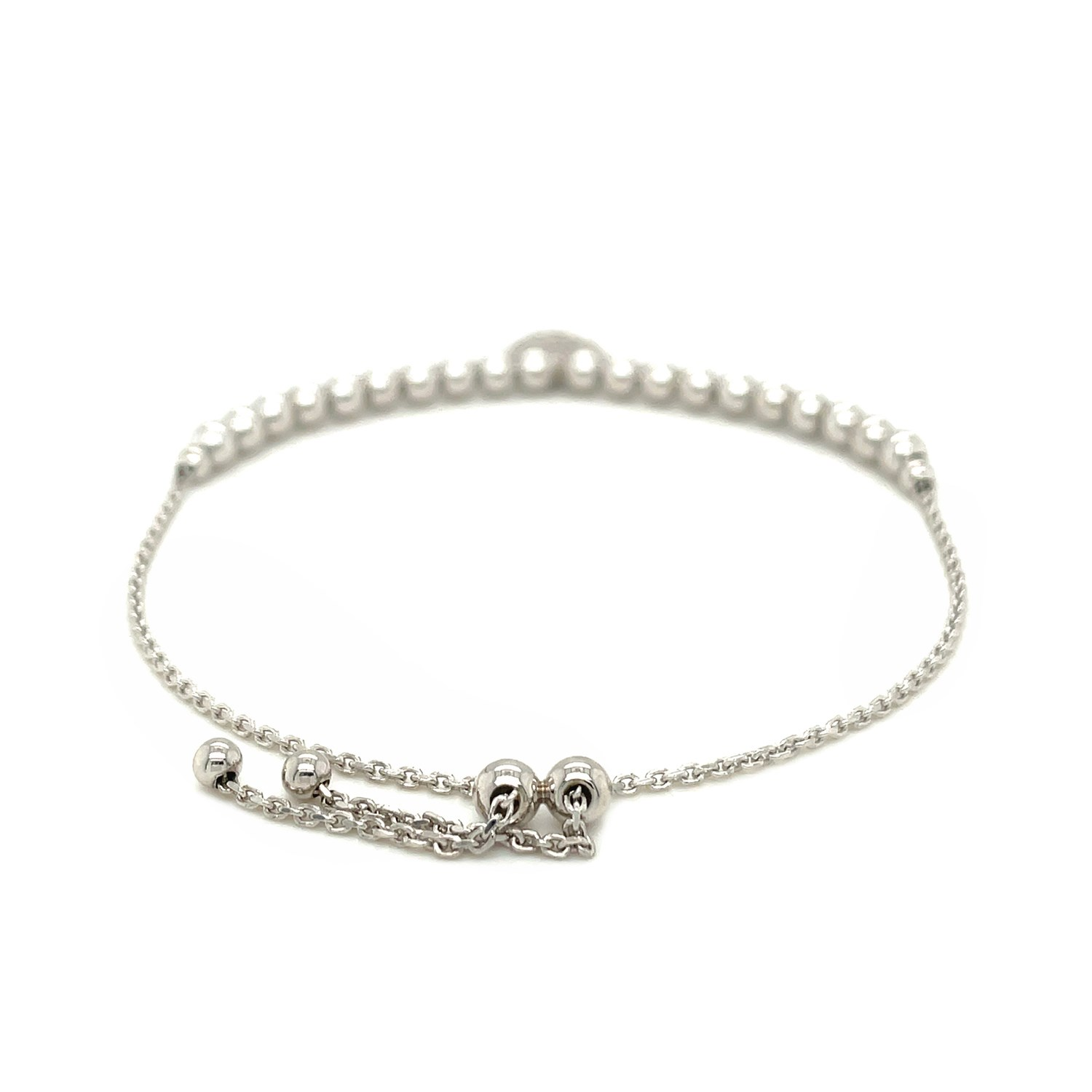 Adjustable Bead Bracelet with Round Charm and Cubic Zirconias in Sterling Silver - Selectique 