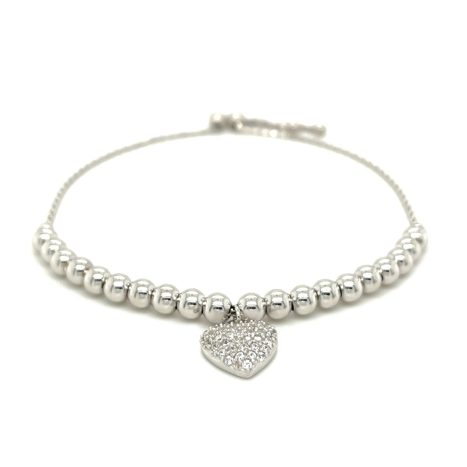 Adjustable Bead Bracelet with Round Charm and Cubic Zirconias in Sterling Silver - Selectique 